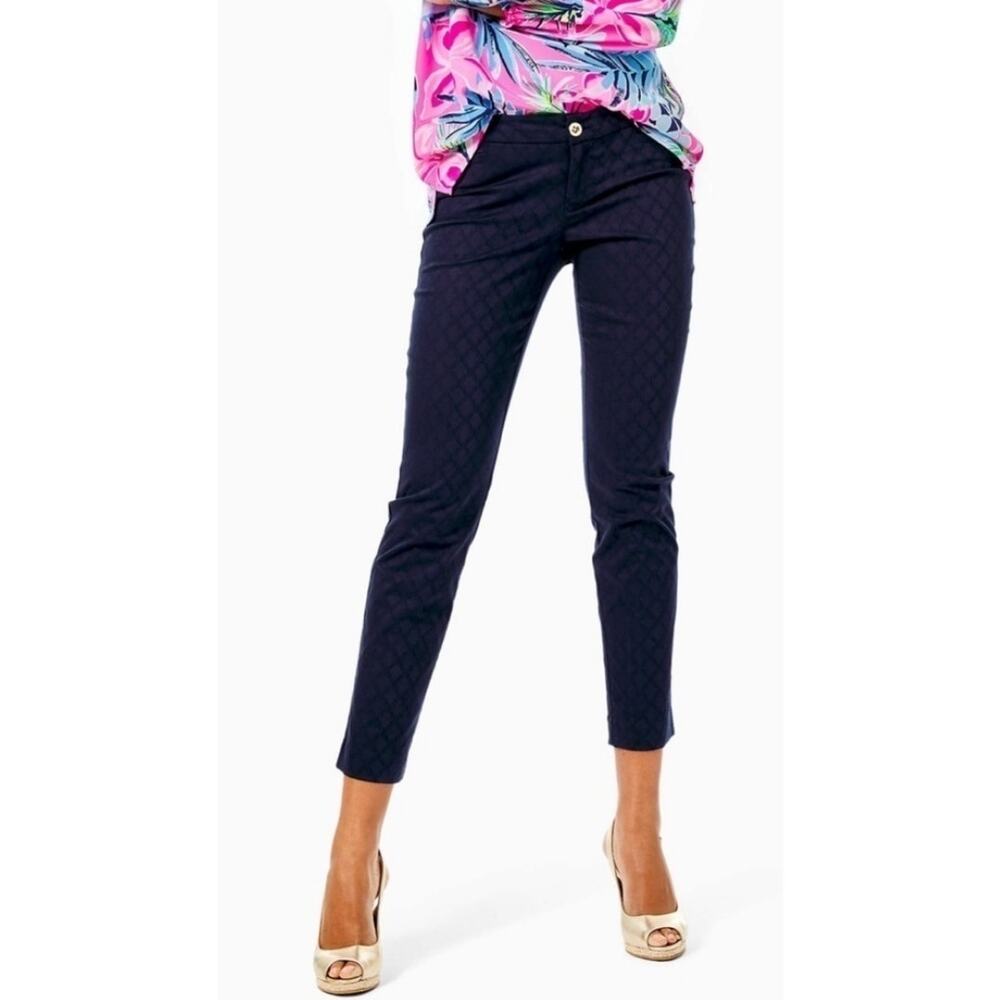 Lilly Pulitzer Kelly Skinny Jacquard Stretchy Ankle Pant, Midnight Navy Blue, 4